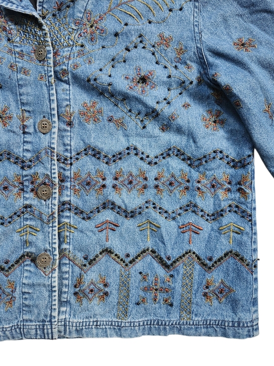 Vintage Tops - Vintage Embroidered Beaded Denim Shirt | Boho Western Festival | Large